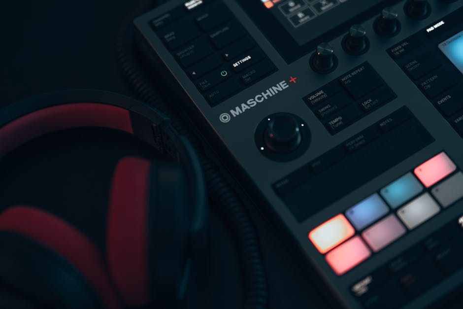 Close-up view of DJ equipment and headphones in a dimly lit room, showcasing music production tools.